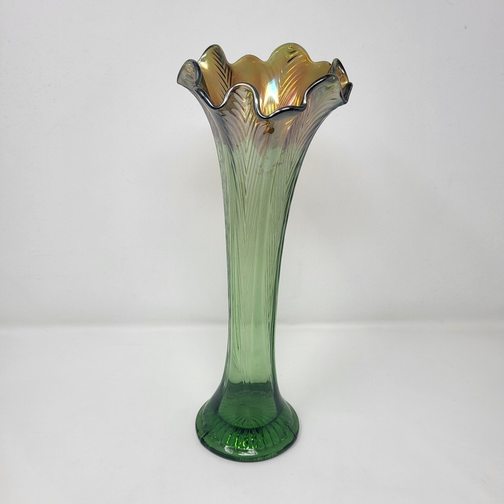 Northwood Vintage Iridescent Carnival Glass Swing Rim 12" Vase Green Thin Rib